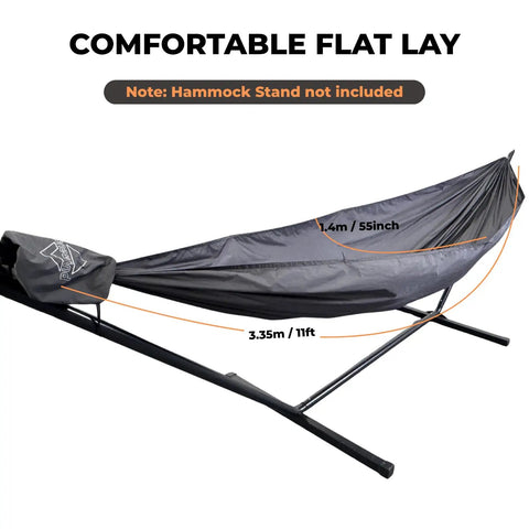 Ultralight 11-Foot Camping Hammock With 40D 1.7oz Nylon Ripstop, shown on stand, OD Green fabric, not included stand