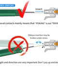 Diagram illustrating correct insertion technique for pin removal in automotive connectors using Pin Removal Tool Kit For Weather Pack And Metri Pack Automotive Connectors, Includes 1.5mm Removal Tool And DRK 785084, Crimp Pin Extractor For Harness Terminals, Electrical Connector Repair Kit For DIY And Pro Technicians.