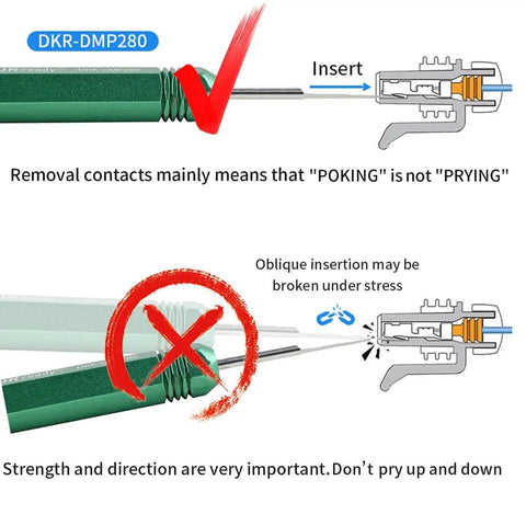 Diagram illustrating correct insertion technique for pin removal in automotive connectors using Pin Removal Tool Kit For Weather Pack And Metri Pack Automotive Connectors, Includes 1.5mm Removal Tool And DRK 785084, Crimp Pin Extractor For Harness Terminals, Electrical Connector Repair Kit For DIY And Pro Technicians.