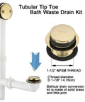 Straight Up Premium Bathtub Drain Kit With Golden Overflow Tube Assembly Touch Toe Stopper Corrosion Resistant Faceplate For Standard Baths No Fuss Drip Proof Design, featuring brass and white plastic components.