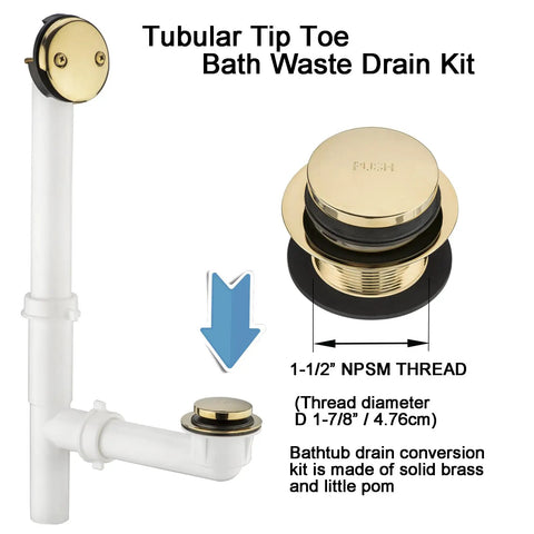 Straight Up Premium Bathtub Drain Kit With Golden Overflow Tube Assembly Touch Toe Stopper Corrosion Resistant Faceplate For Standard Baths No Fuss Drip Proof Design, featuring brass and white plastic components.
