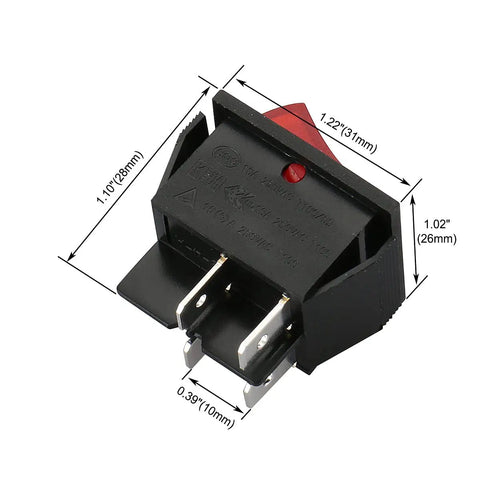 DPST Rocker Switch On Off 4 Pin 16A 250V AC Red LED Illuminated Snap-In Power Switch dimensions shown