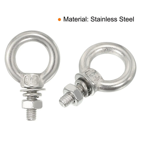 Heavy Duty Stainless Steel Eye Bolts With Nuts Washers For Lifting Hanging Top Shelf Threading Kit Includes 10 Pieces on display.