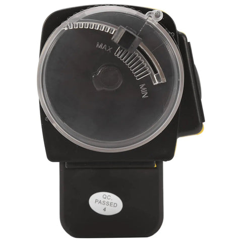 Top view of Dead Simple Automatic Fish Feeder With Battery Powered Digital Timer and sleek LCD panel for aquarium care.