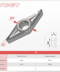 Diagram of Uncoated Carbide Lathe Inserts, 35 Degree Diamond Shape, One Thirty Second Inch Corner Radius, Seven Degree Clearance, showing dimensions.