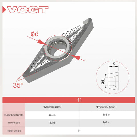 Diagram of Uncoated Carbide Lathe Inserts, 35 Degree Diamond Shape, One Thirty Second Inch Corner Radius, Seven Degree Clearance, showing dimensions.
