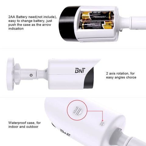 Realistic Fake Surveillance Camera 2 Pack With LED Light For Indoor Outdoor Security Dome Look Dummy CCTV Camera With Alarm Sticker Keeps Crooks Away White, showing batteries and rotation feature