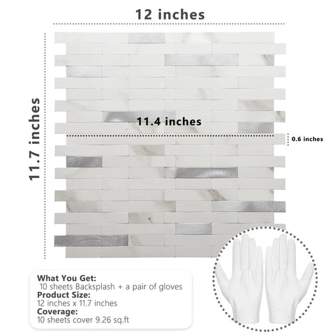 Peel And Stick Backsplash For Kitchen PVC Wall Tiles 10 Sheets Statuario White With Metal Silver Durable Scratch Resistant Easy To Install