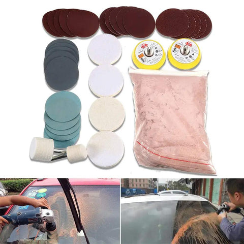 Glass Scratch Remover Kit 34 Piece Set For Windshields And Windows With Cerium Oxide Polishing Powder Pads And Wheels DIY