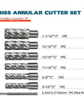 HSS Annular Cutter Set including six precision bits for Heavy Duty 1500W Magnetic Drill Press with 15000N Knockout Suction.