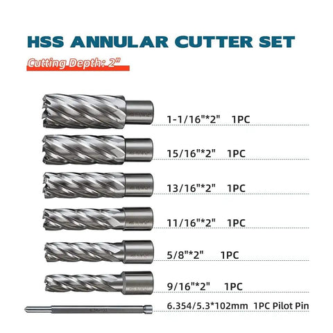 HSS Annular Cutter Set including six precision bits for Heavy Duty 1500W Magnetic Drill Press with 15000N Knockout Suction.