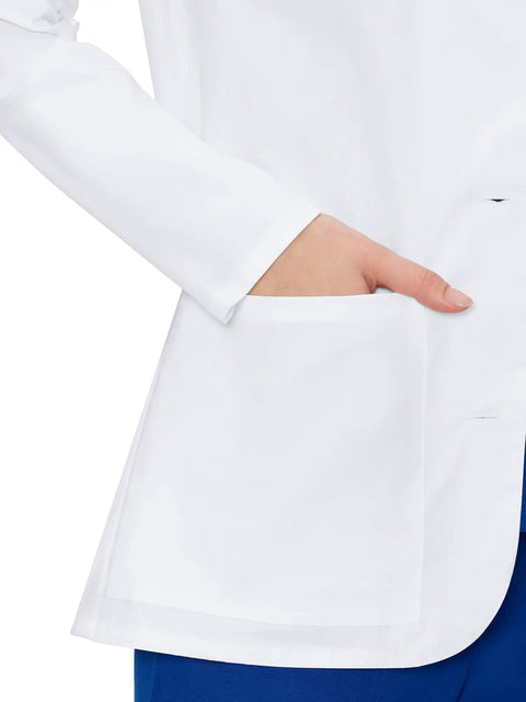 Close-up of pocket on Women Lab Coat With Three Pockets Hip Length Long Sleeve White Pro Grade Coat For Medical Pros Lightweight