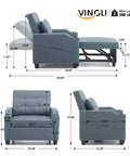 3-In-1 Convertible Sofa Bed Chair With Adjustable Backrest USB Ports And Cup Holders Cozy Cushions For Comfy Sit Or Sleep In Small Spaces Ideal Living Room Lounger, blue grey measurements diagram.