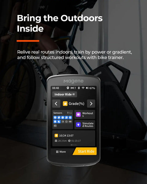 Smart GPS Bike Computer With A 3.3 Inch Color Touchscreen displaying indoor ride options with bike trainer in background.