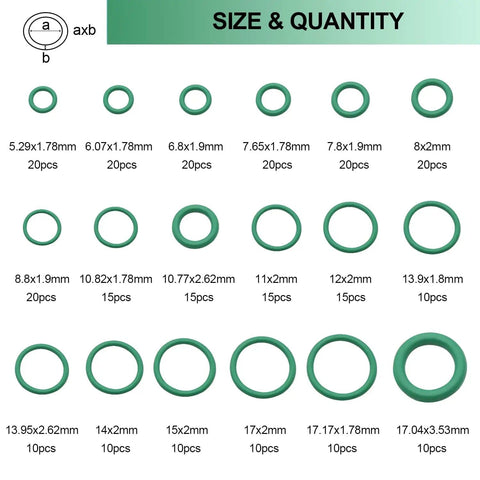 Green rubber O-rings in various sizes from Car AC Repair Kit With 270Pcs Green Rubber O Ring Set And 102Pcs Valve Core Kit With Remover Tool