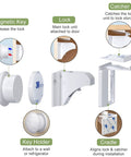 Diagram showing Magnetic Cabinet Locks For Baby Proofing, 12 Pack With 3 Keys, No Drilling Adhesive Install, components labeled.