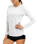 Woman wearing Women's Long Sleeve Rash Guard Shirt With UV 50 Plus Protection For Hiking Running And Fishing Lightweight Quick Dry