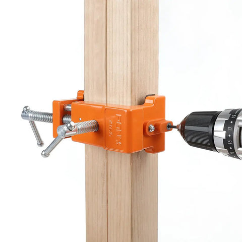 Two Pack Cabinet Claw Clamp For Face Frame Installations securing a wooden stile using a drill, orange clamp visible