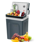 Portable 27 Quart Electric Cooler And Warmer For Car Or Home With Handle 12V/24V DC And 100-240V AC filled with fruits and drinks.