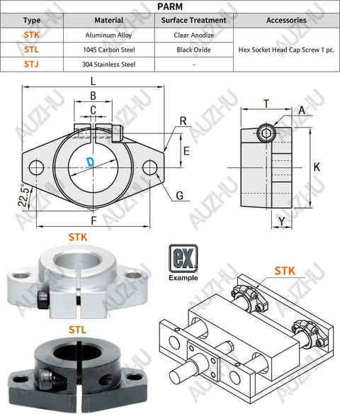 STK 40 mm Aluminum Alloy Bracket Guide Shaft Supports with Flanged Slit Strut Clamps for industrial projects, diagram view