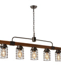 Industrial Linear Kitchen Island Light With Five Lights Dope Farmhouse Chandelier with rustic metal mesh cage over bulbs.