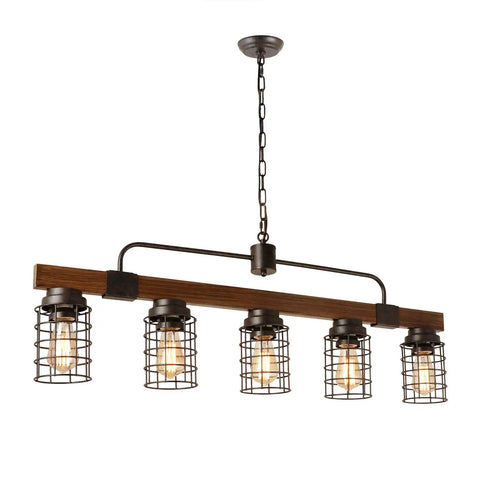 Industrial Linear Kitchen Island Light With Five Lights Dope Farmhouse Chandelier with rustic metal mesh cage over bulbs.