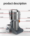 Diagram of Electric Grain Grinder Mill For Corn Soybean Wheat And Spices, showing features like handle, blade, and power switch.