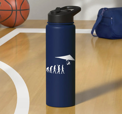 Hang Gliding Evolution Insulated Stainless Steel Water Bottle For Thrill Seekers with soaring hang glider graphic on gym floor
