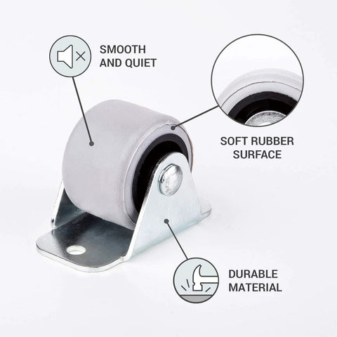 Pack of 8 rubber wheel casters with metal mounting plate for furniture, 1.18 in diameter, non-swivel