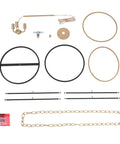 Parts of Dope Black And Gold Three Light Drum Pendant Chandelier With Height Adjustable Rods, including chains and fixtures, laid out