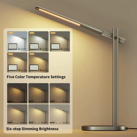 Modern Desk Lamp Metal Aluminum Alloy Dimmable LED Desk Light With USB Charging Port Eye Caring Table Lamp Touch Control Five Color Modes And Six Brightness Levels Timer For Home Office And Bedroom