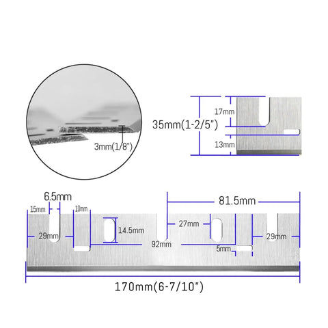 Detailed image of Two Pack 1806B Planer Blades And Reversible Cutter Knives For Woodworking Machinery with dimensions.