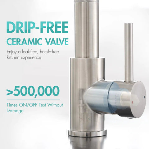 Close-up of Heavy Duty Single Handle Kitchen Sink Faucet With Pull Down Sprayer Brushed Nickel 304 Stainless Steel Body displaying drip-free ceramic valve.