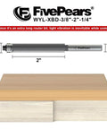Flush Trim Router Bit With Bottom Bearing For Woodworking, One Quarter Inch Shank, Three Eighth Inch Cutting Diameter, Two Inch Cutting Length, Durable Carbide Inserts For Smoother Cuts, Anti Kickback, Heavy Duty Stability shown with measurements and wood surface.