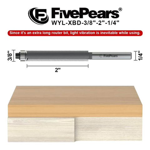 Flush Trim Router Bit With Bottom Bearing For Woodworking, One Quarter Inch Shank, Three Eighth Inch Cutting Diameter, Two Inch Cutting Length, Durable Carbide Inserts For Smoother Cuts, Anti Kickback, Heavy Duty Stability shown with measurements and wood surface.