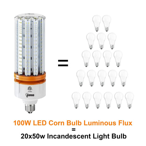 1000W Equivalent LED Corn Light Bulbs 2 Pack 5000K Daylight White 100W LED per Bulb E26 E39 Base next to 20 incandescent bulbs