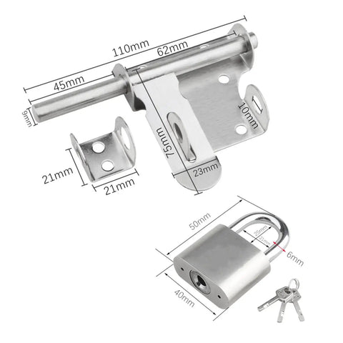 Top Tier Sliding Bolt Door Latch With Mounting Screws, sturdy metal design and included padlock with keys.