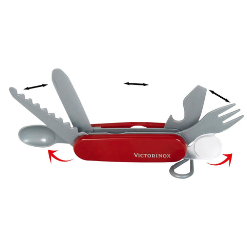 Kids Pocket Knife Toy 4.4 Inch VX Red Swiss Army Style Pretend Tool for Young Adventurers, realistic stainless look with utensils.