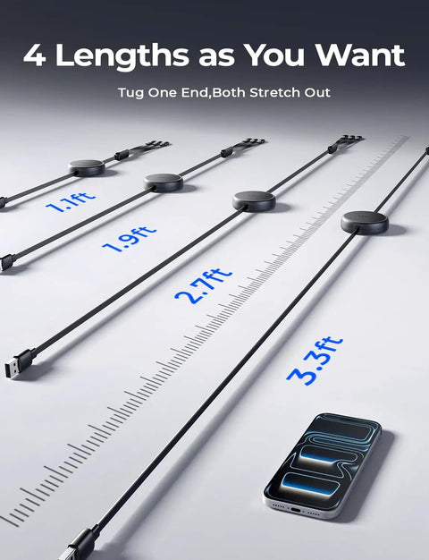 3 In 1 Retractable Car Charger Cable With USB C, Lightning And Micro USB Ports showing different lengths from 1.1ft to 3.3ft
