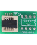 DFN8 WSON8 MLF8 MLP8 QFN8 to DIP8 Socket Adapter on green circuit board, supports 6x5mm and 8x6mm IC packages, front view