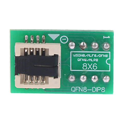 DFN8 WSON8 MLF8 MLP8 QFN8 to DIP8 Socket Adapter on green circuit board, supports 6x5mm and 8x6mm IC packages, front view