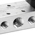 Close-up of 5 Way 2 Position Hand Lever Pneumatic Valve With One Quarter Inch NPT Inlet And Outlet Ports, aluminum alloy body.