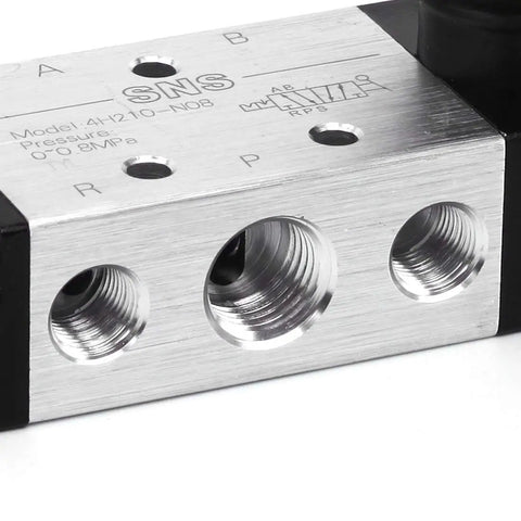 Close-up of 5 Way 2 Position Hand Lever Pneumatic Valve With One Quarter Inch NPT Inlet And Outlet Ports, aluminum alloy body.