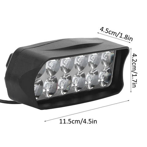 Beefy Ebike Bar Light Headlight 12V To 100V 1200 Lumen Universal Headlight with aluminum casing, front view with dimensions