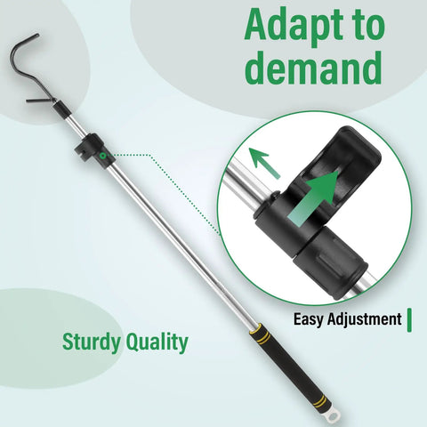 Cargo Grabber Reach Tool For Truck Bed Adjustable From 39 To 80 Inches Stainless Steel Retriever Pole With Rubber Grip Handle And Two Replacement Hooks, Rustproof Durable Extension