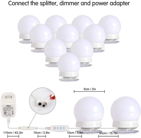 Vanity Light Strip Kit With 14 Dimmable Bulbs For Full Body Makeup Mirrors, Wall Mirrors, And Plug In Vanity Lighting, setup shown