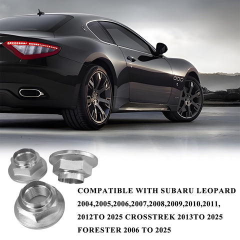2 Piece Car CV Axle Nut Replacement Kit OEM 902170049 displayed near a black sports car, showcasing nuts for Forester Crosstrek Tribeca.