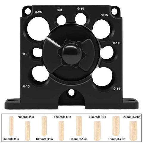 Tool Free Adjustable Wood Dowel Maker Jig Kit With Sharp Carbide Blades for size adjustments with preset hole markings.