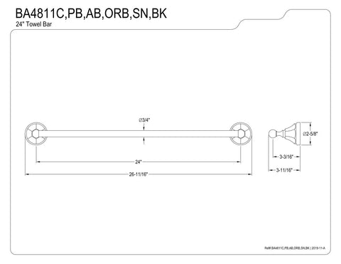 Diagram of Metropolitan 3 Piece 24 Inch Towel Bar Bath Accessory Set In Antique Brass With Towel Ring And Toilet Paper Holder