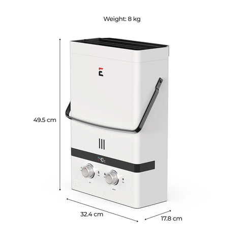 Portable Outdoor Tankless Water Heater Crushes Cold Water Blues With 7 Liters Per Minute Flow and Heavy Duty 52500 Btu, side view.